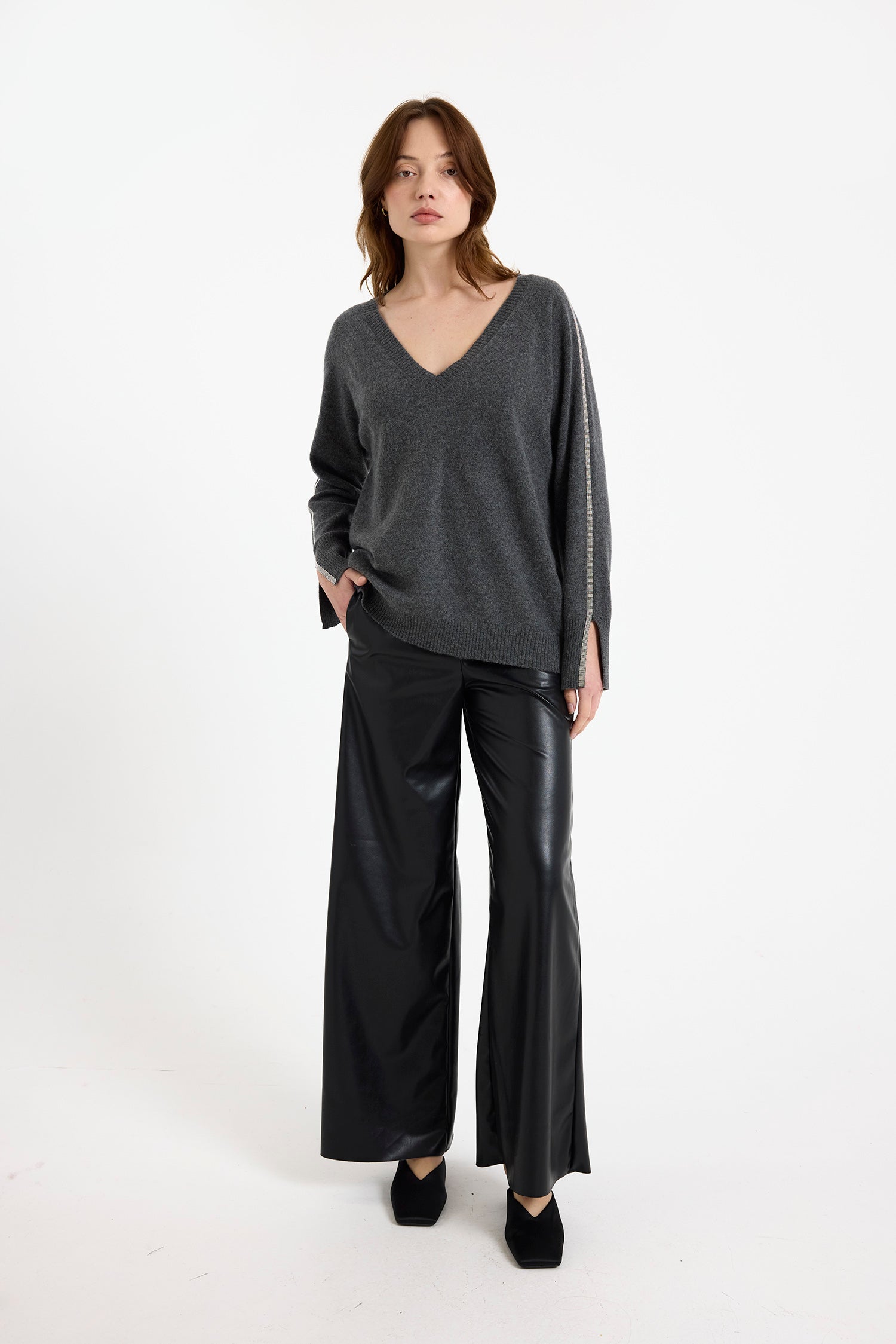 Brodie 'Glitz Split Cuff Relaxed V Neck Sweater'