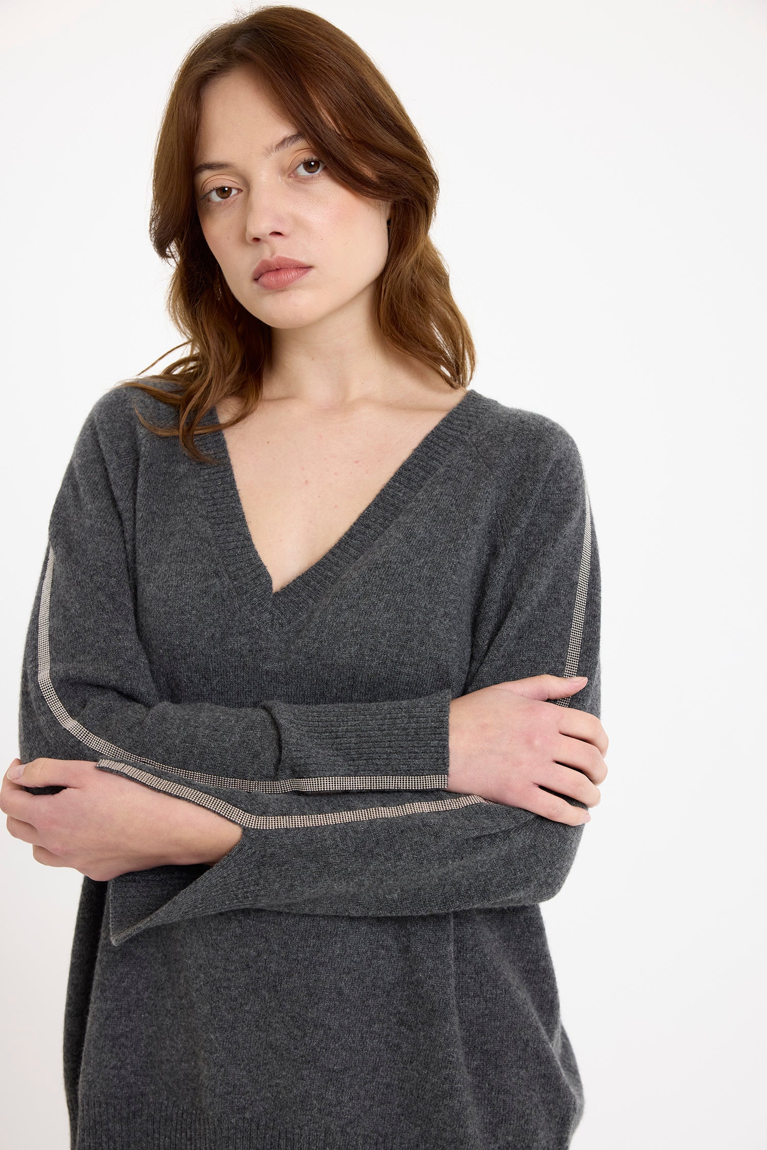 Brodie 'Glitz Split Cuff Relaxed V Neck Sweater'