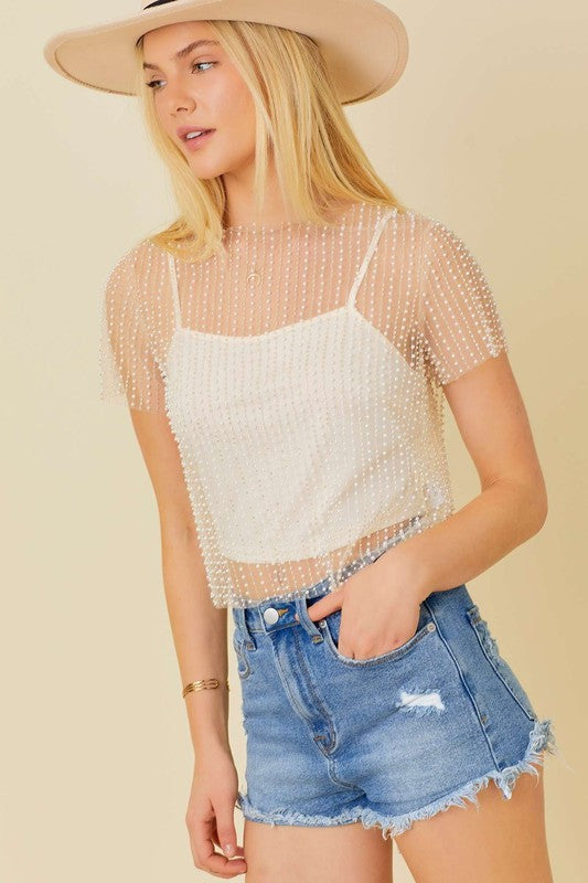 The ‘Pearl Beaded Short Mesh Top’