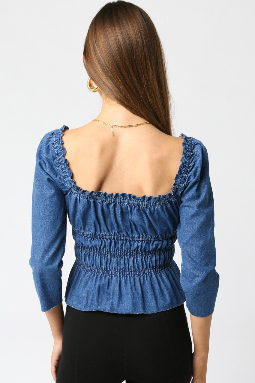 The ‘Mila Denim Ruffle Blouse’